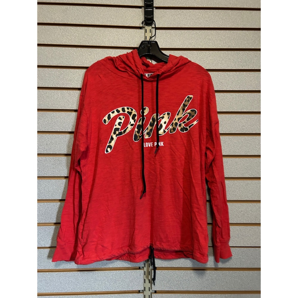 Victoria's Secret PINK Red Leopard Logo Hooded Long Sleeve Cinch Hem Shirt M